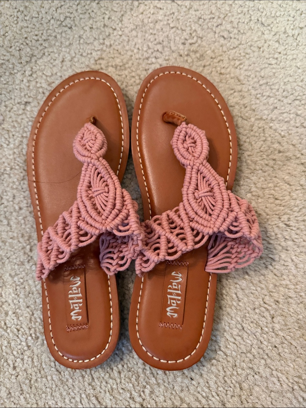 Matisse Pink Macramé Thong Sandals with Tan Footbed
